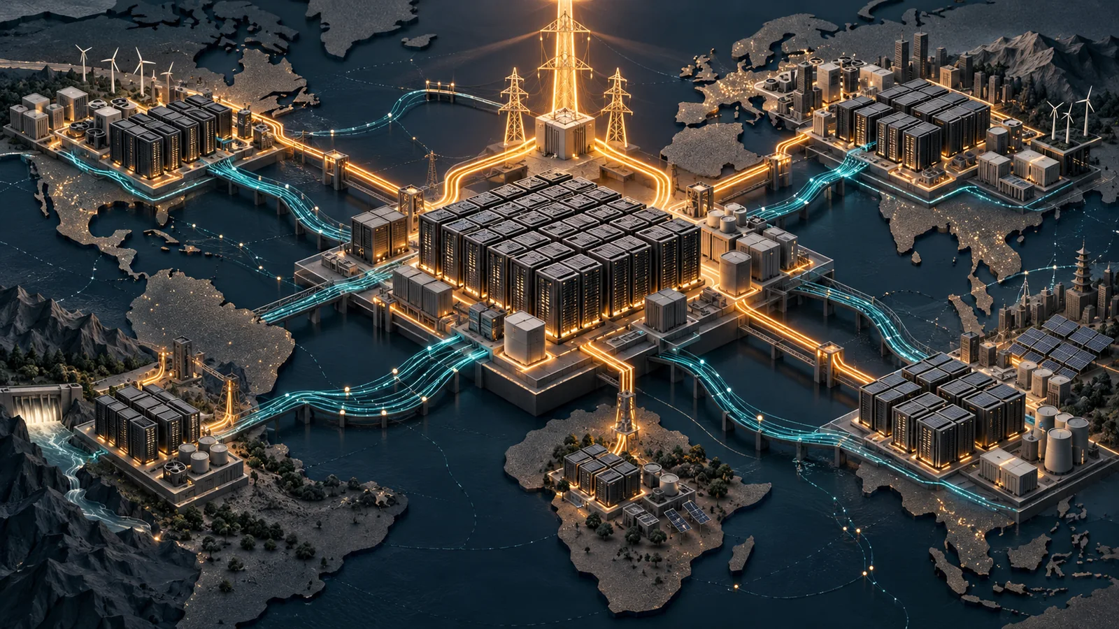 Editorial illustration of interconnected computing centres supplied by a shared power and data network