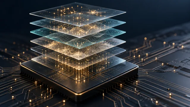 Editorial illustration of illuminated memory layers suspended above a silicon tile