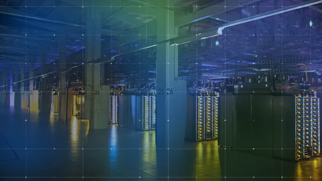 NVIDIA editorial artwork showing data-centre racks beneath a blue and green overlay