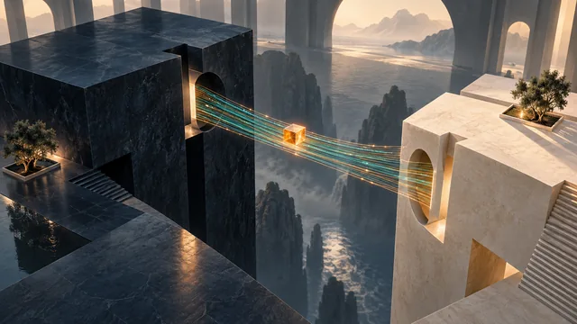 Editorial illustration of a glowing module crossing a bridge between two distinct platforms