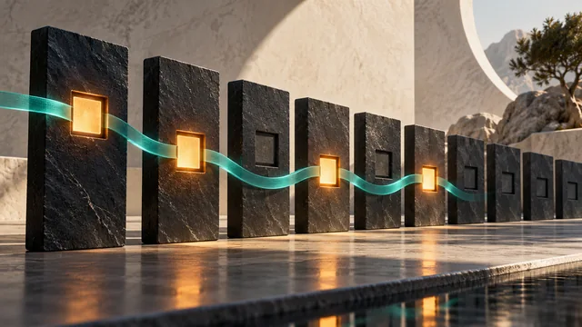 Editorial illustration of active and idle computing tiles joined by a flowing connection